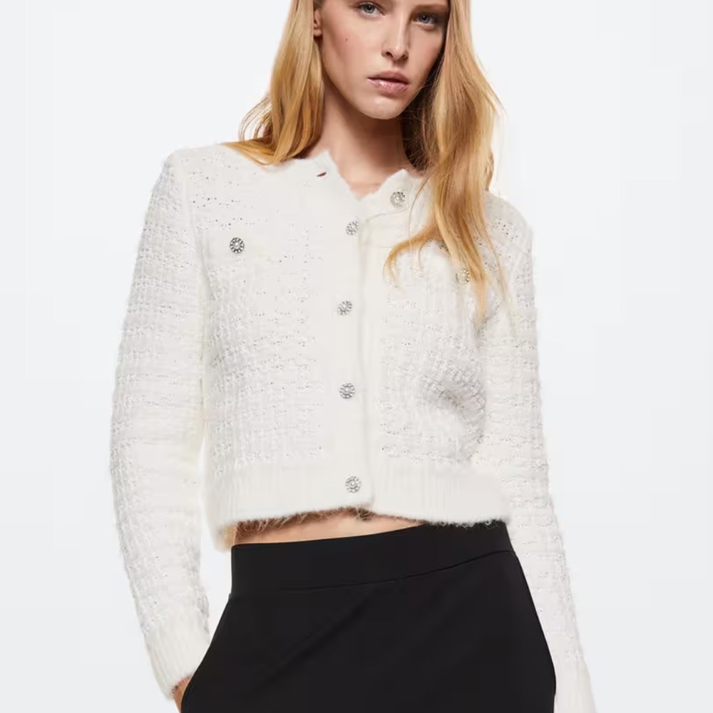 Mango Knit Cardigan Sweater White Pearl Buttons Size XS